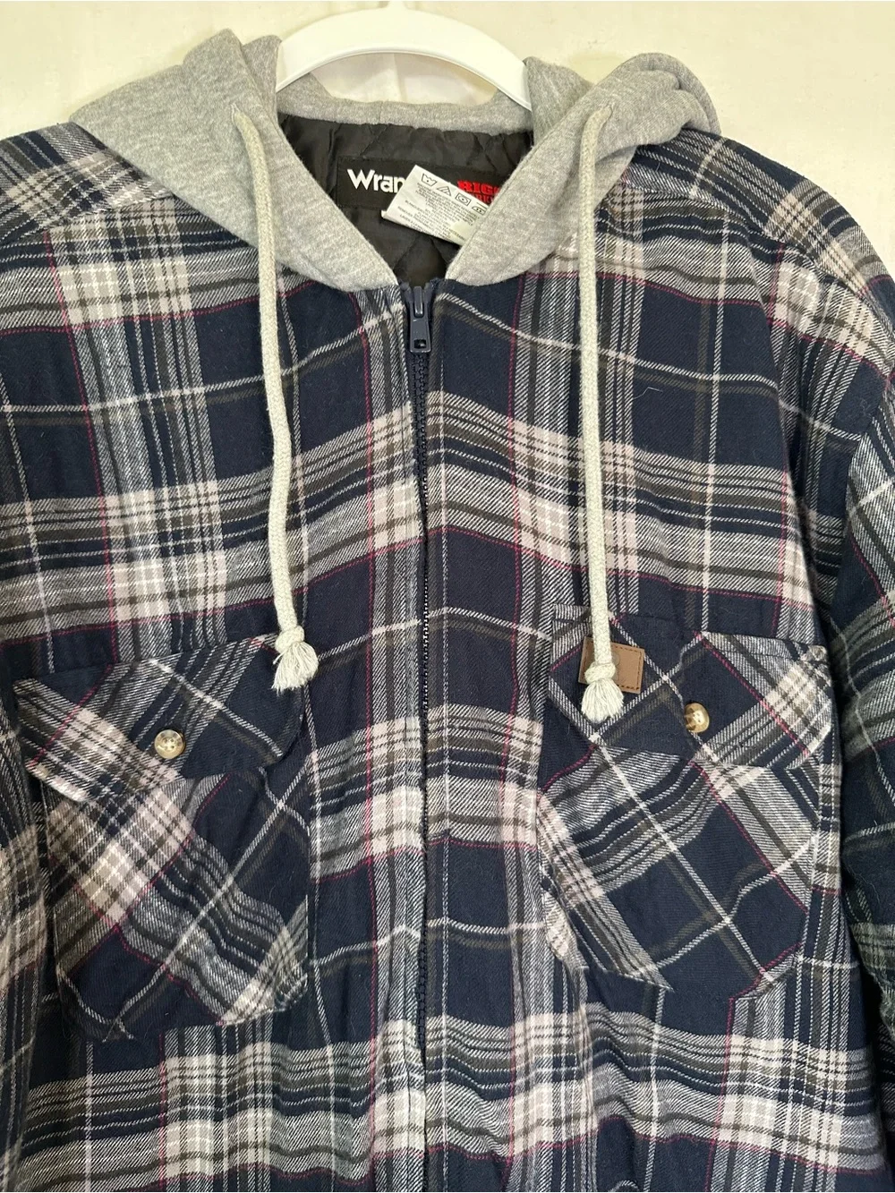 Wrangler Sz XLT Quilted Hooded Zip Up Flannel Plaid Shirt Jacket Shacket
